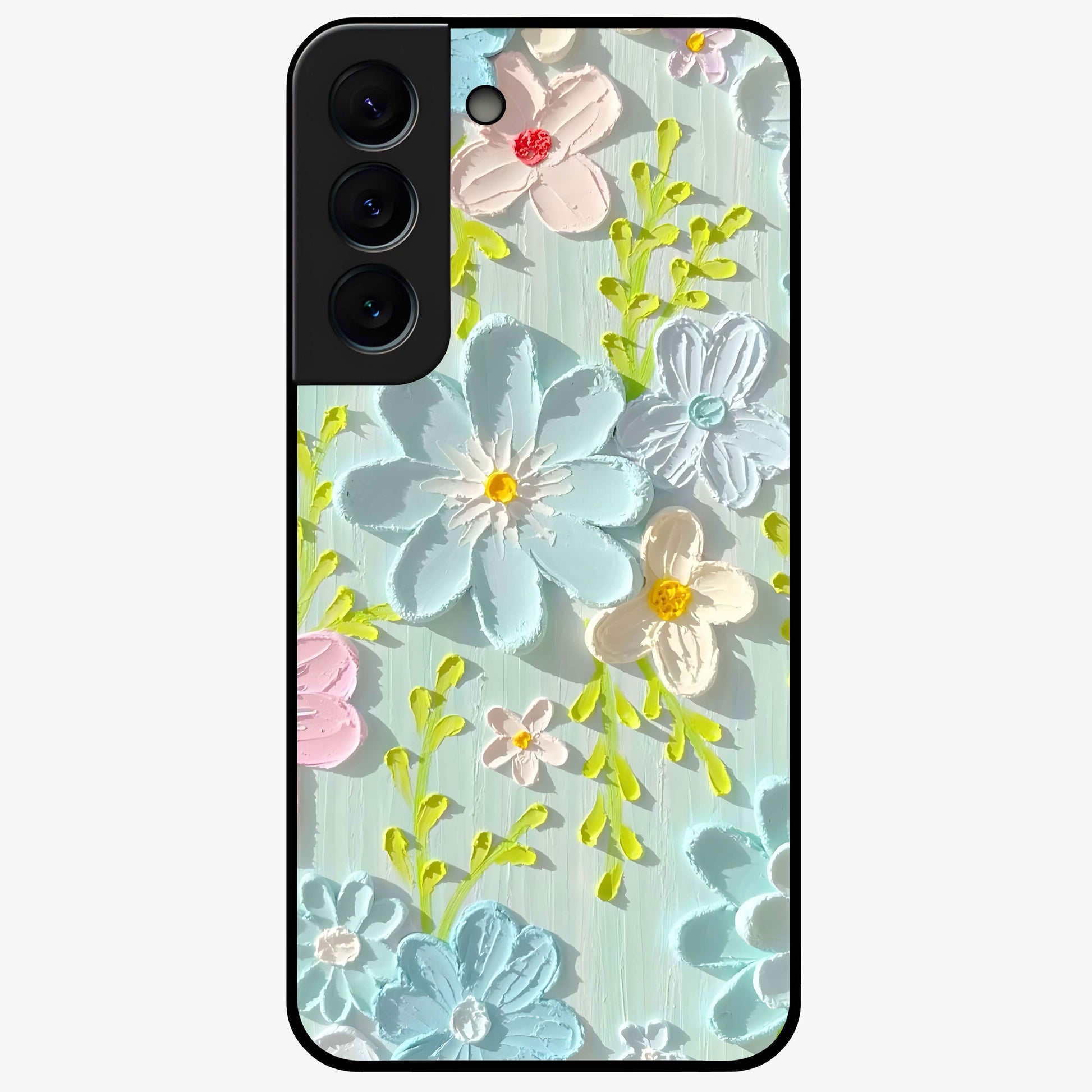 Frosted Petal Garden Glass Case showing flat back view with soft frosted floral artwork and glossy glass finish.