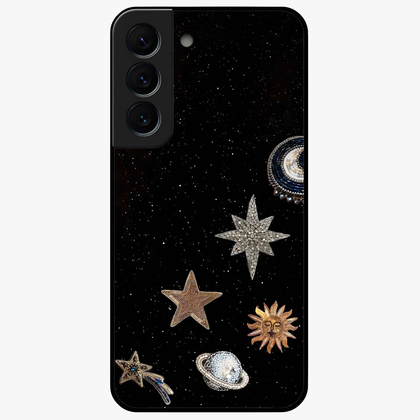 Galactic Charm Glow Glass Case showing flat back view with glowing celestial charm artwork and glossy glass finish.