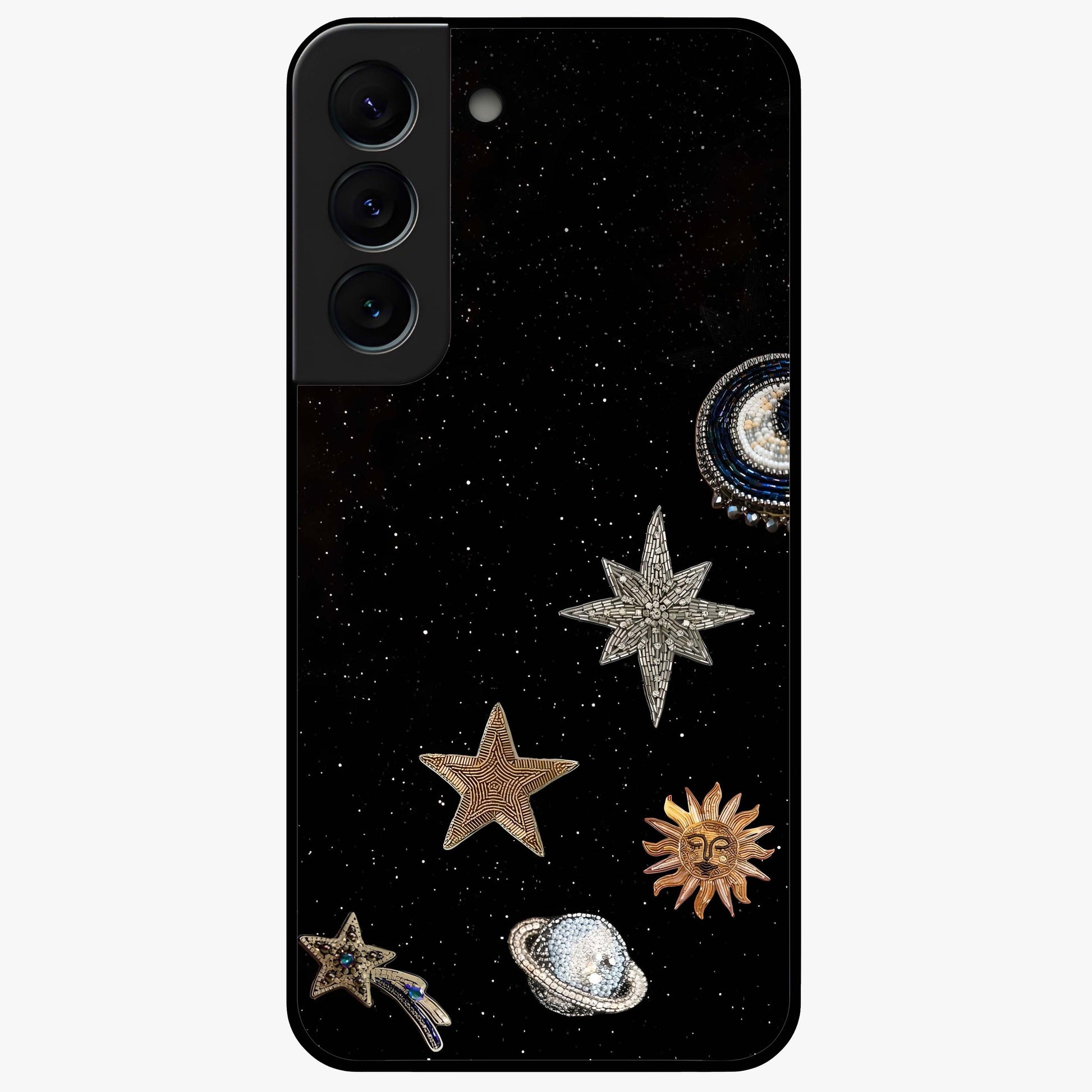 Galactic Charm Glow Glass Case showing flat back view with glowing celestial charm artwork and glossy glass finish.