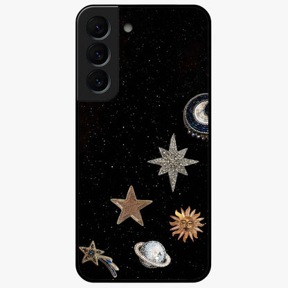 Galactic Charm Glow Glass Case showing flat back view with glowing celestial charm artwork and glossy glass finish.