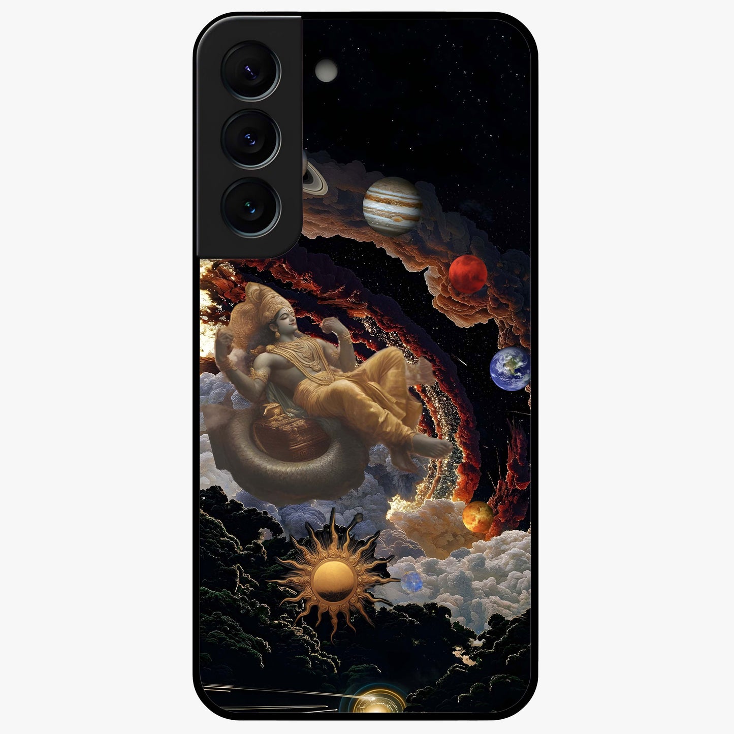 Galactic Divine God Glass Case showing flat back view with divine cosmic themed artwork and glossy glass finish.