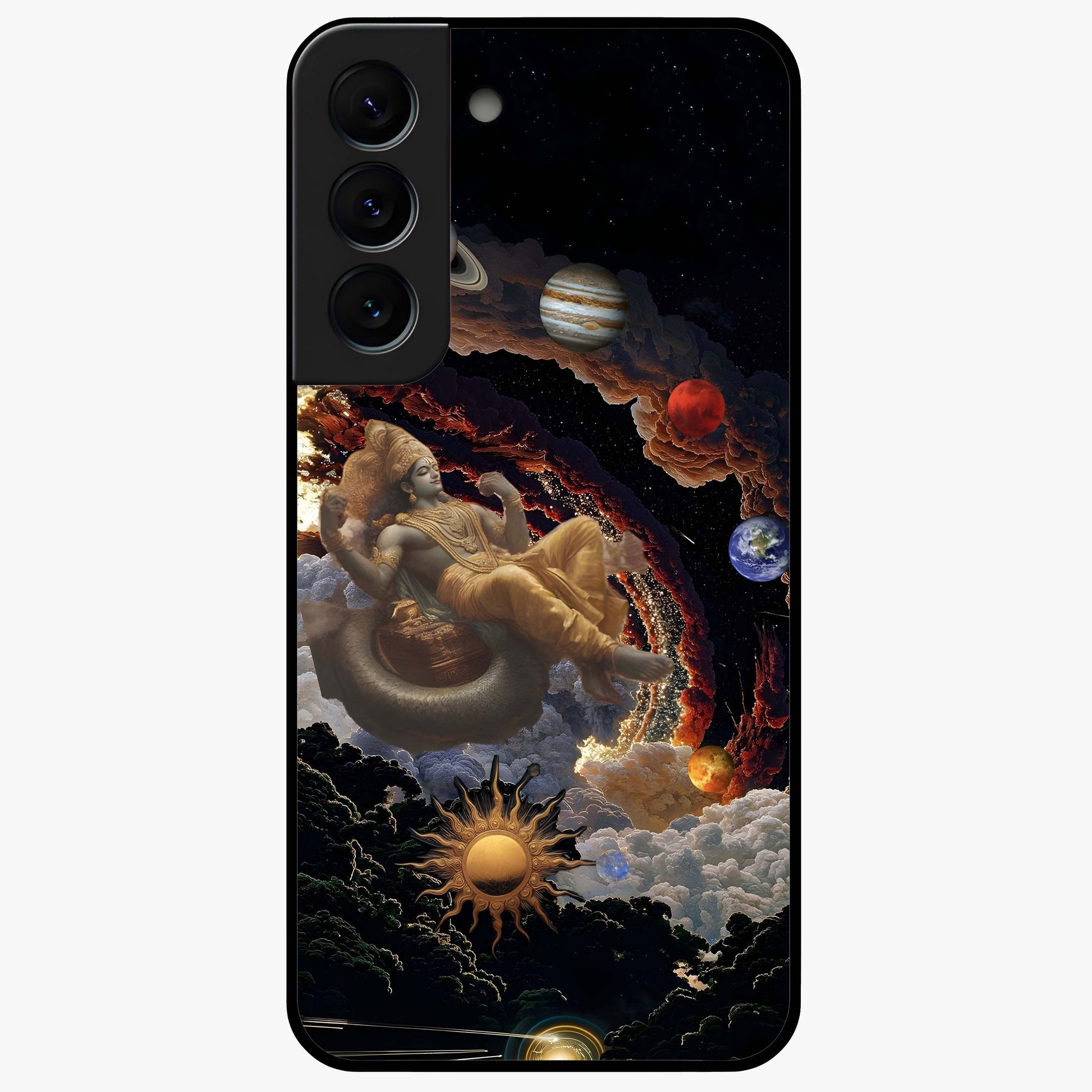 Galactic Divine God Glass Case showing flat back view with divine cosmic themed artwork and glossy glass finish.