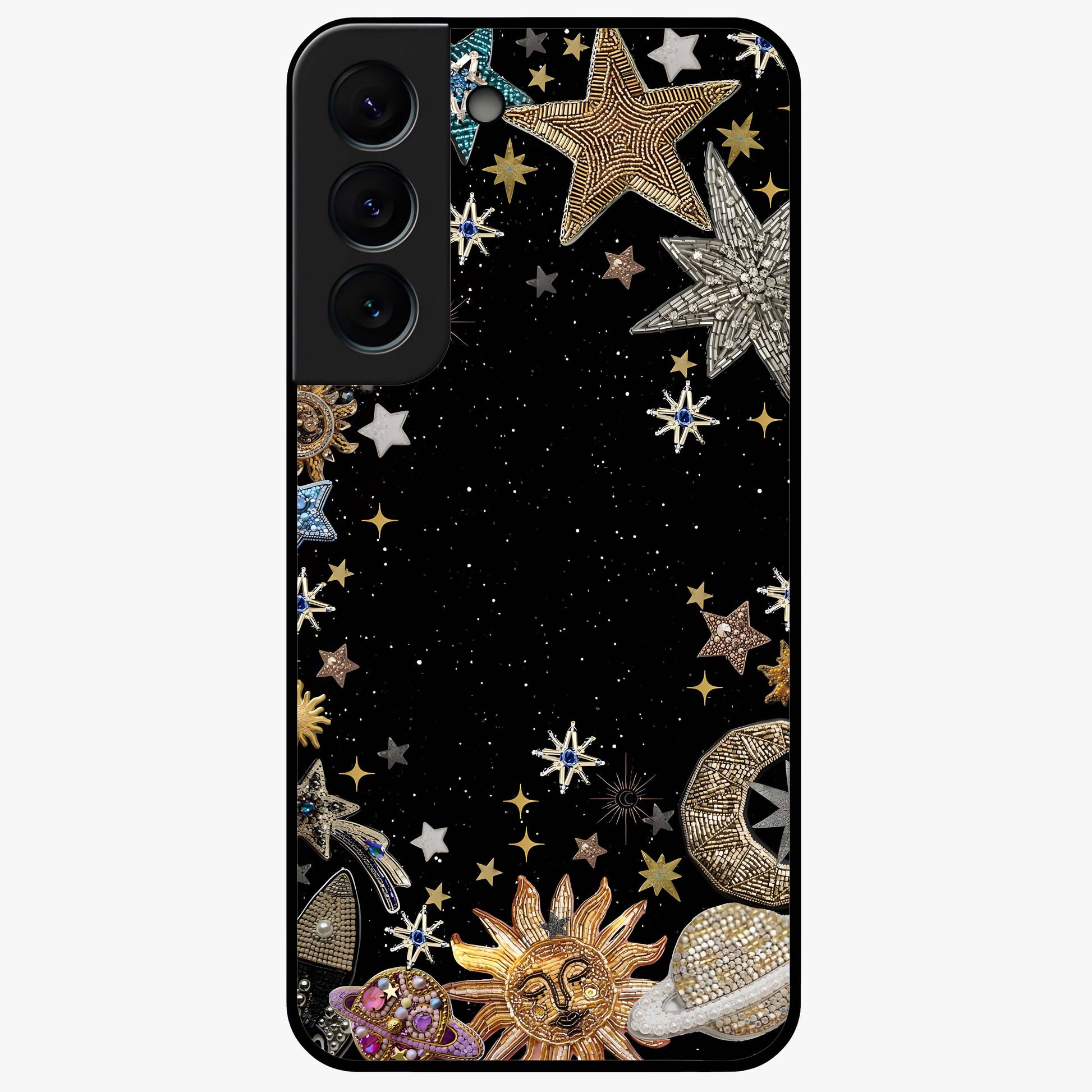 Galactic Jewel Stars Glass Case showing flat back view with sparkling star jewel artwork and glossy glass finish.