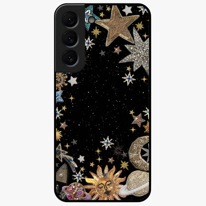 Galactic Jewel Stars Glass Case showing flat back view with sparkling star jewel artwork and glossy glass finish.