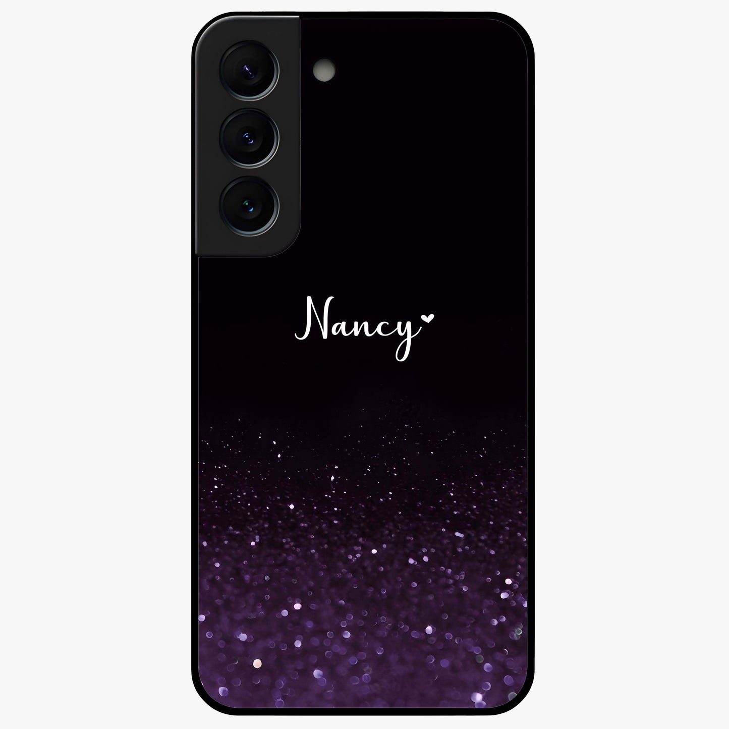 Glittery Purple Bokeh Custom Name Glass Case showing flat back view with purple bokeh sparkle artwork and personalized name design.