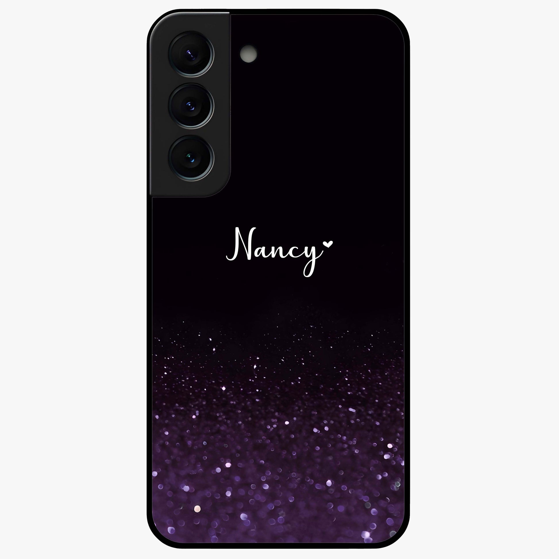 Glittery Purple Bokeh Custom Name Glass Case showing flat back view with purple bokeh sparkle artwork and personalized name design.