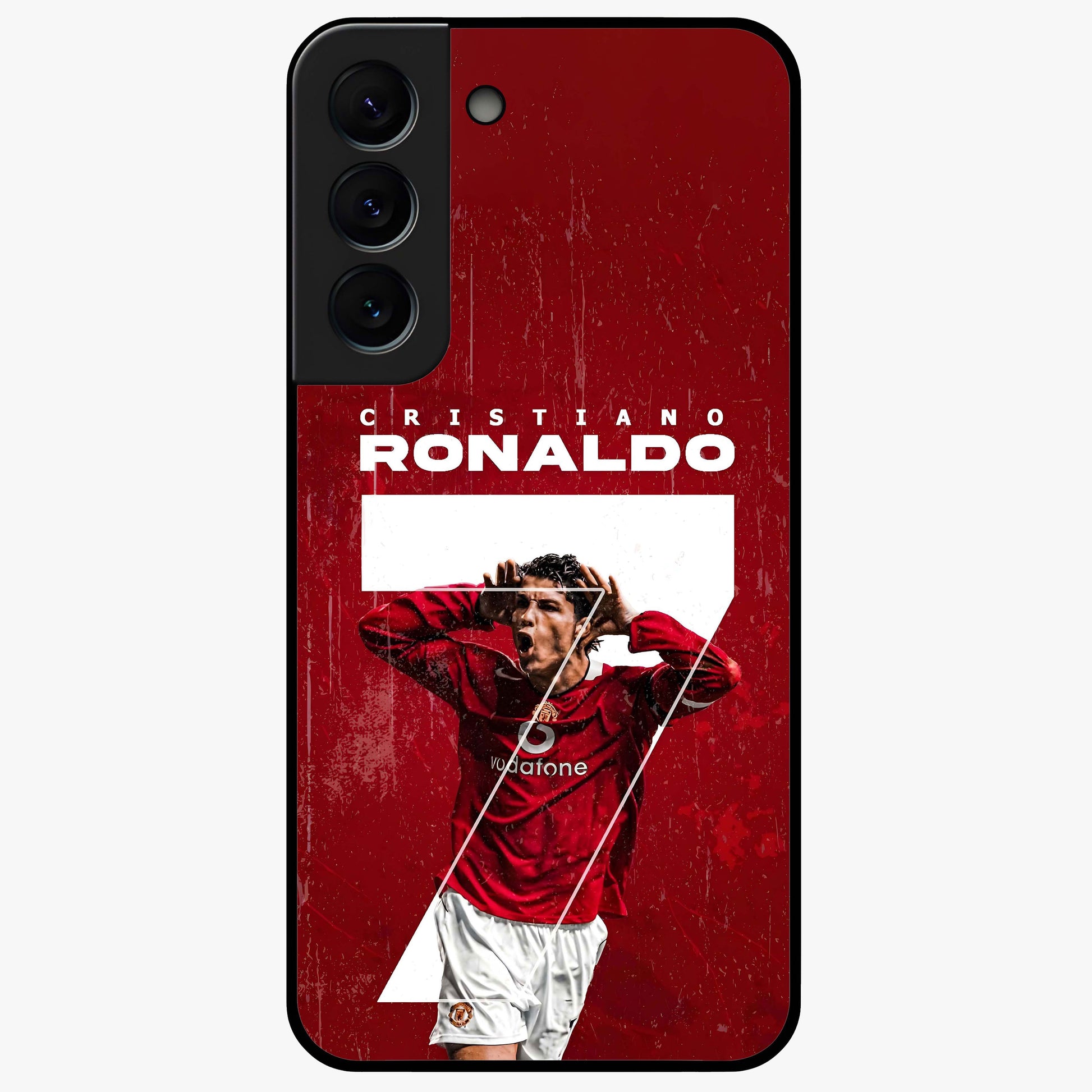 Goal Celebration Legacy Glass Case showing flat back view with football celebration inspired artwork and glossy glass finish.
