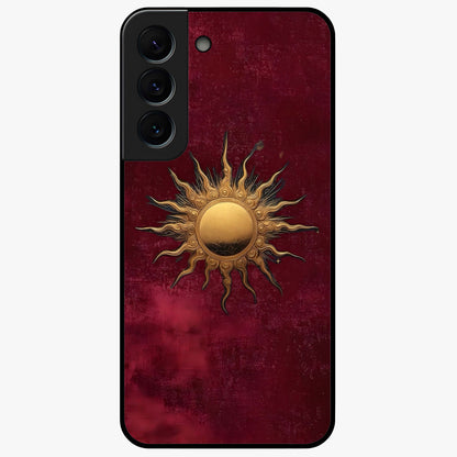 Gold Sun Blush Glass Case showing flat back view with golden sun inspired artwork and glossy glass finish.