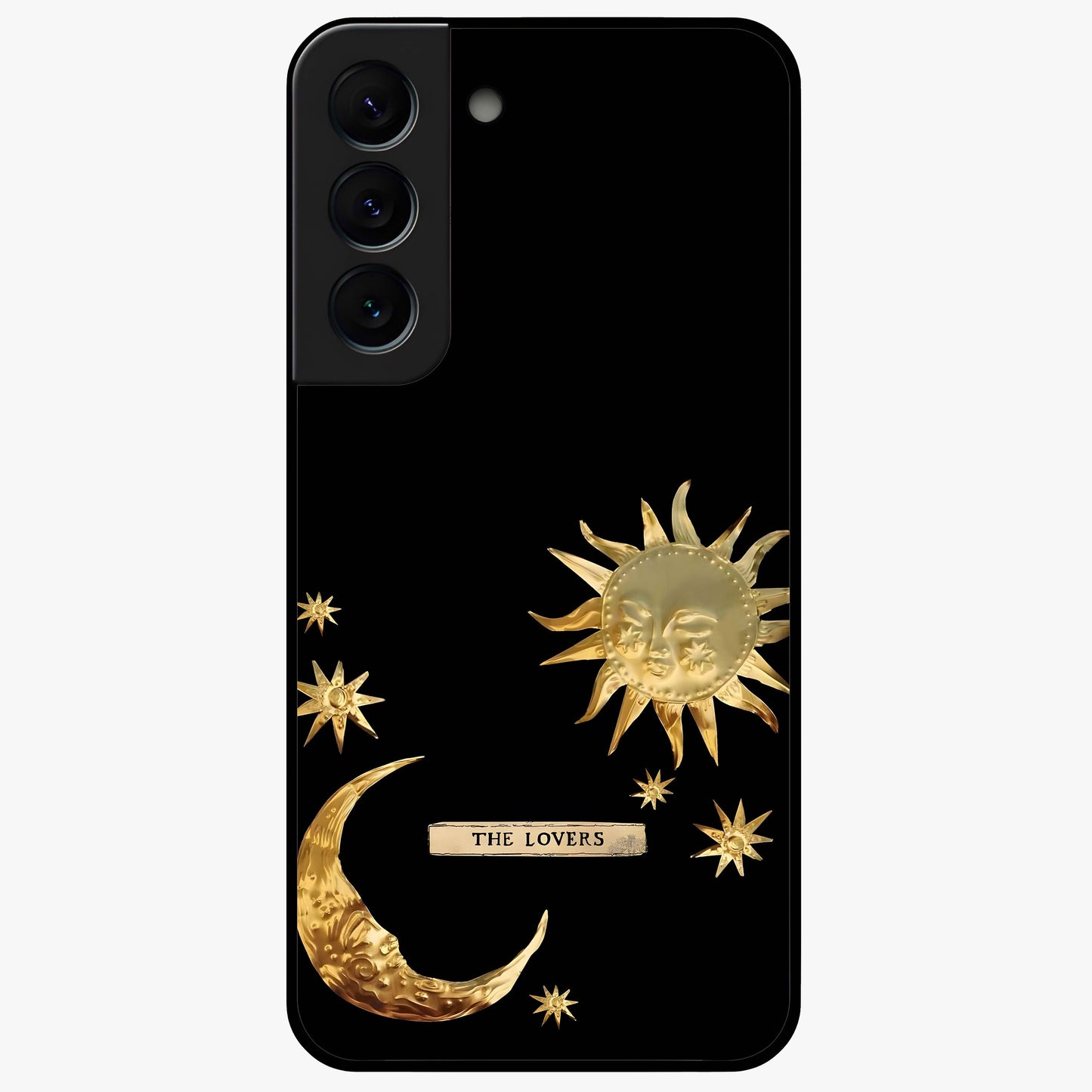 Golden Celestial Charm Glass Case showing flat back view with golden celestial charm artwork and glossy glass finish.