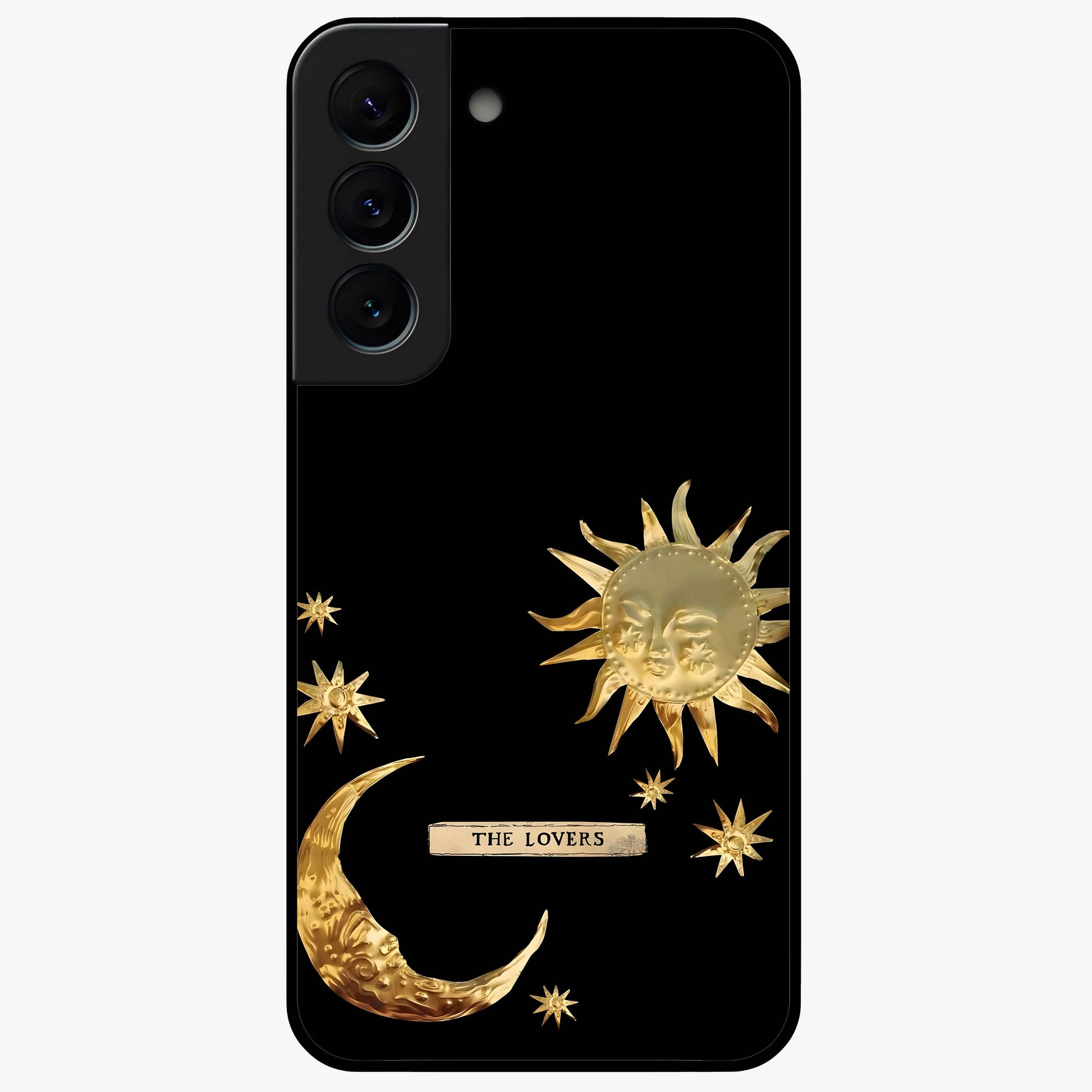 Golden Celestial Charm Glass Case showing flat back view with golden celestial charm artwork and glossy glass finish.