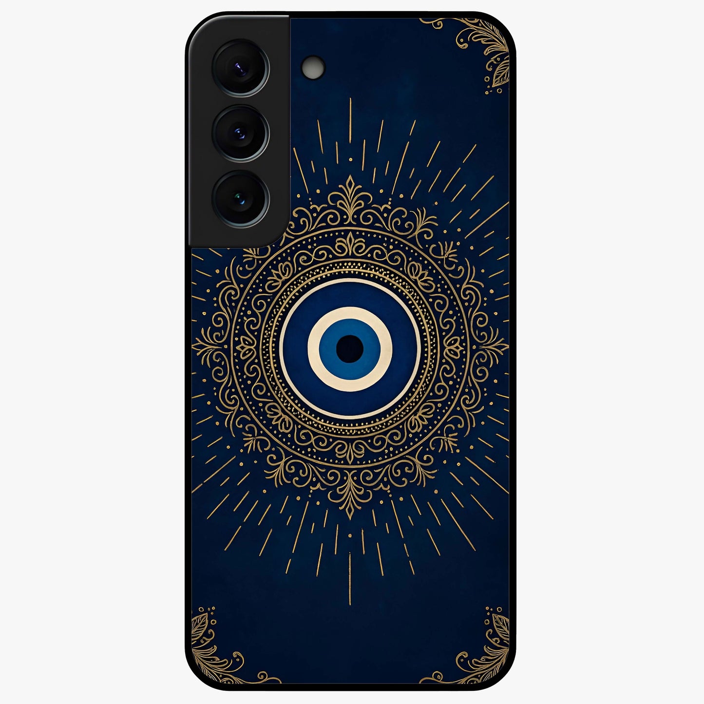 Golden Evil Eye Mandala Glass Case showing flat back view with intricate evil eye mandala artwork and glossy glass finish.