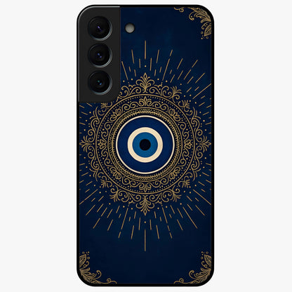 Golden Evil Eye Mandala Glass Case showing flat back view with intricate evil eye mandala artwork and glossy glass finish.