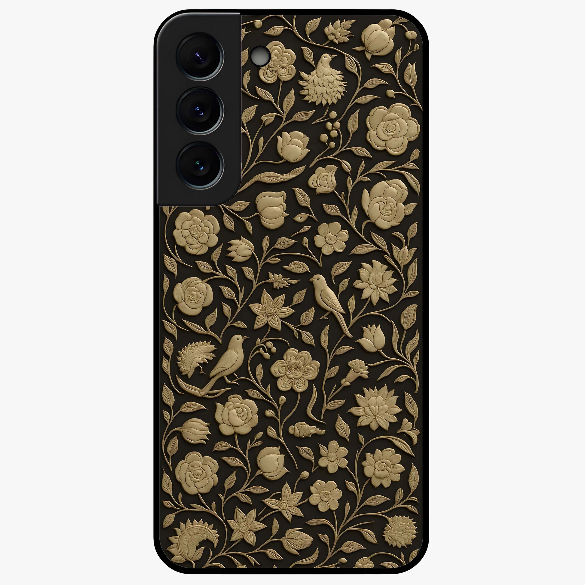 Golden Floral Majesty Glass Case showing flat back view with luxurious golden floral artwork and glossy glass finish.