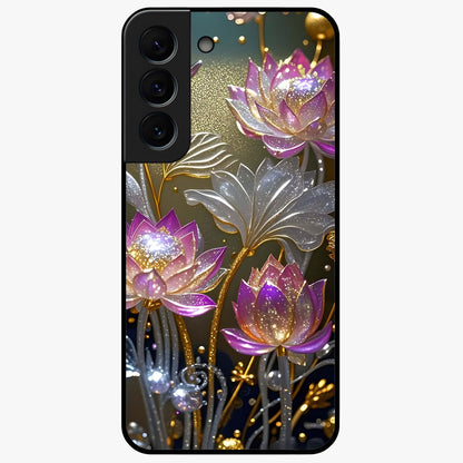 Golden Lotus Glow Glass Case showing flat back view with glowing lotus flower artwork and glossy glass finish.