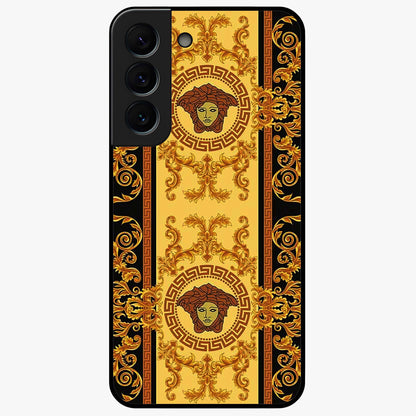 Golden Royal Heritage Glass Case showing flat back view with ornate royal pattern artwork and glossy glass finish.