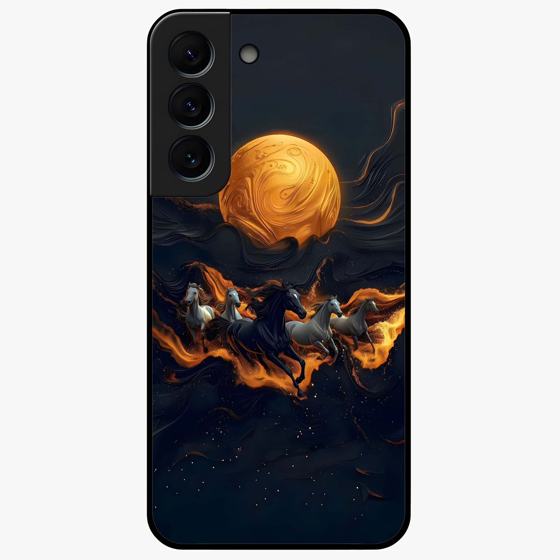Golden Stallion Moonride Glass Case showing flat back view with majestic horse under moonlight artwork and glossy glass finish.