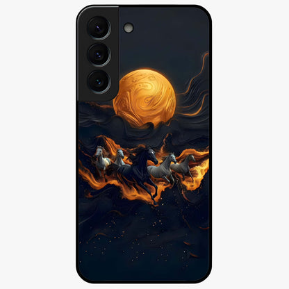 Golden Stallion Moonride Glass Case showing flat back view with majestic horse under moonlight artwork and glossy glass finish.