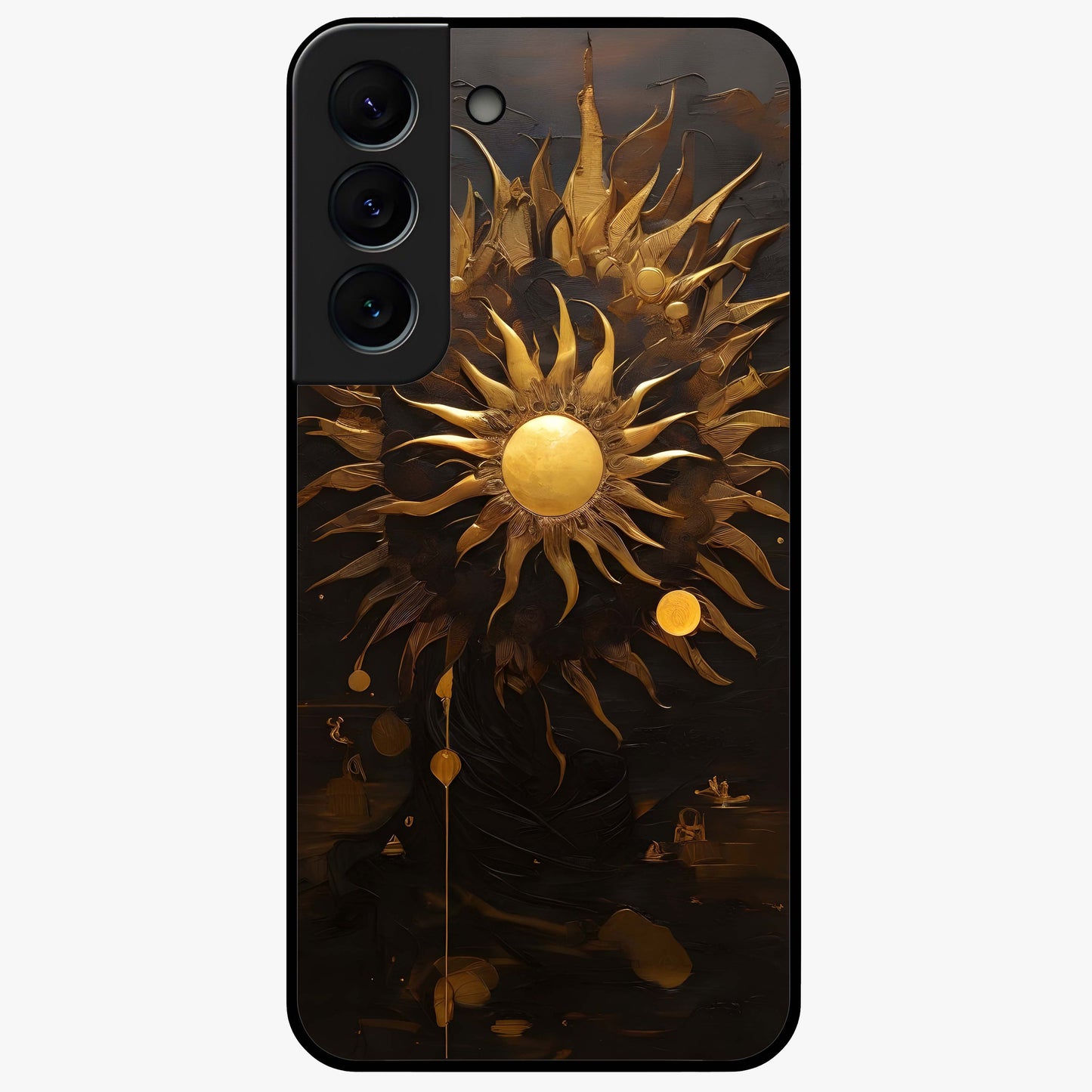 Golden Sun Majesty Glass Case showing flat back view with radiant golden sun artwork and glossy glass finish.
