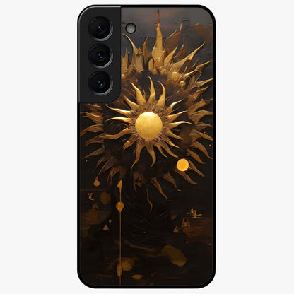 Golden Sun Majesty Glass Case showing flat back view with radiant golden sun artwork and glossy glass finish.