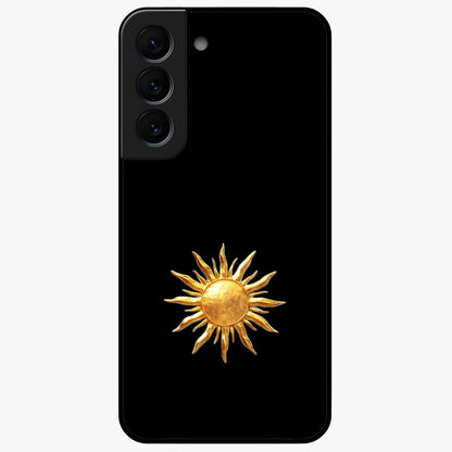 Golden Sun Minimalism Glass Case showing flat back view with minimal golden sun artwork and glossy glass finish.