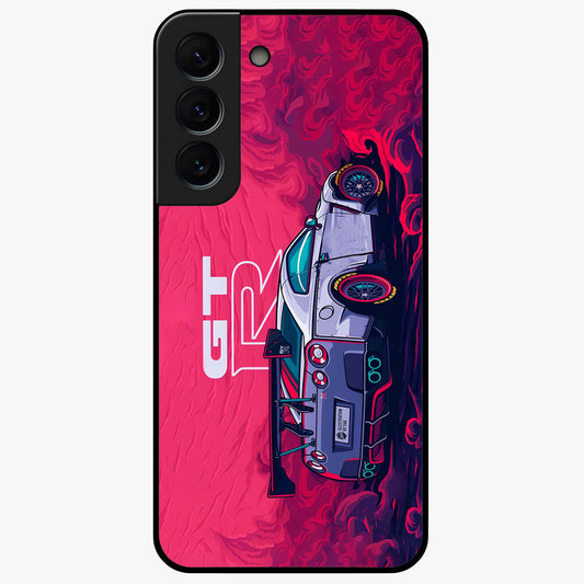 GT-R Car Pattern Glass Case showing flat back view with sporty car inspired pattern artwork and glossy glass finish.
