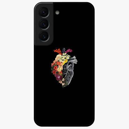 Heart With Flowers Glass Case showing flat back view with heart shaped floral artwork and glossy glass finish.