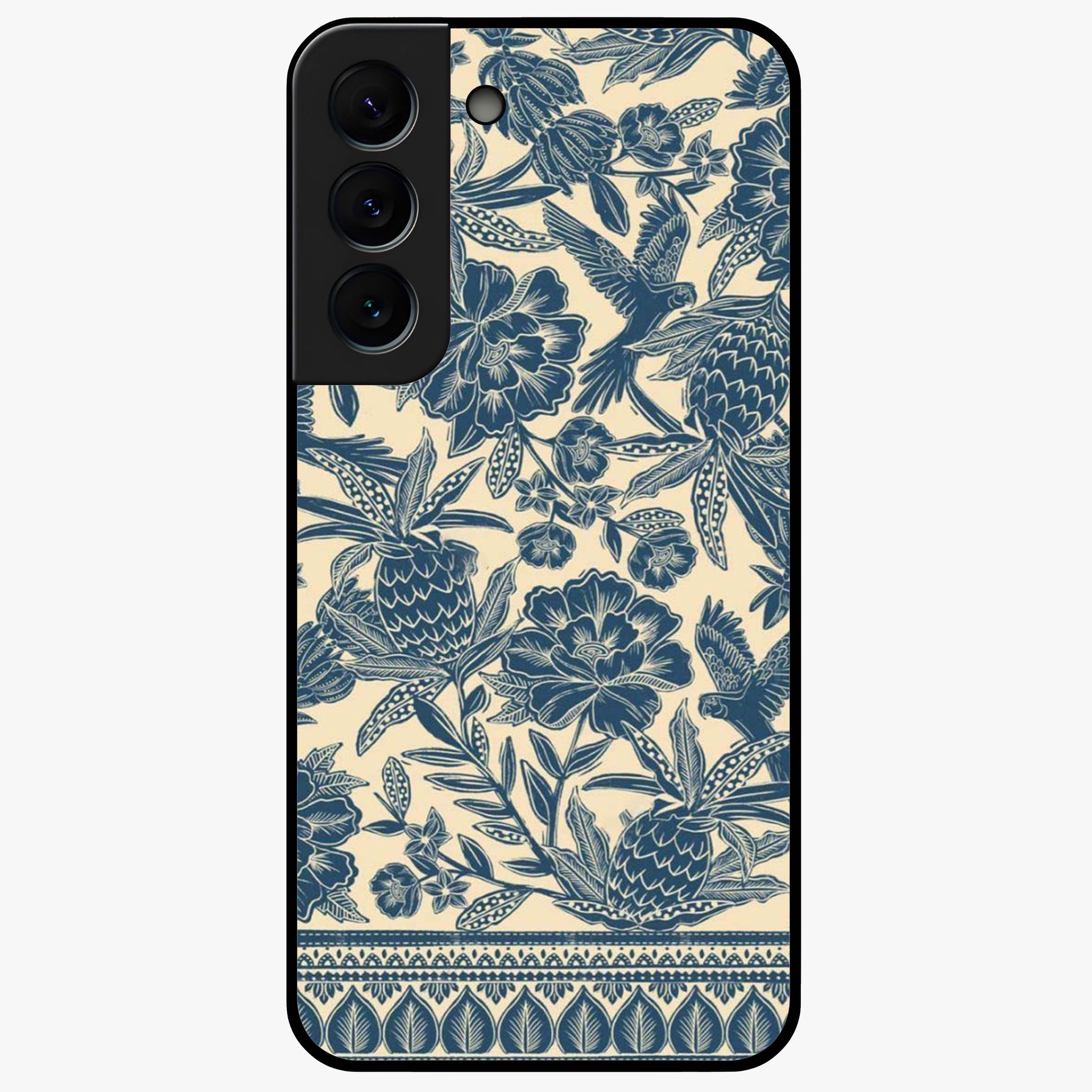 Heirloom Wild Bloom Glass Case showing flat back view with vintage inspired wild flower artwork and glossy glass finish.