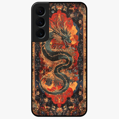 Inferno Dragon Soul Glass Case showing flat back view with fiery dragon artwork and glossy glass finish.
