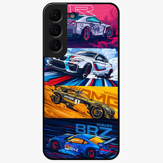 JDM Sports Car Glass Case showing flat back view with high performance sports car artwork and glossy glass finish.