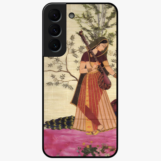 Lady With Veena Art Glass Case showing flat back view with elegant woman playing veena artwork and glossy glass finish.