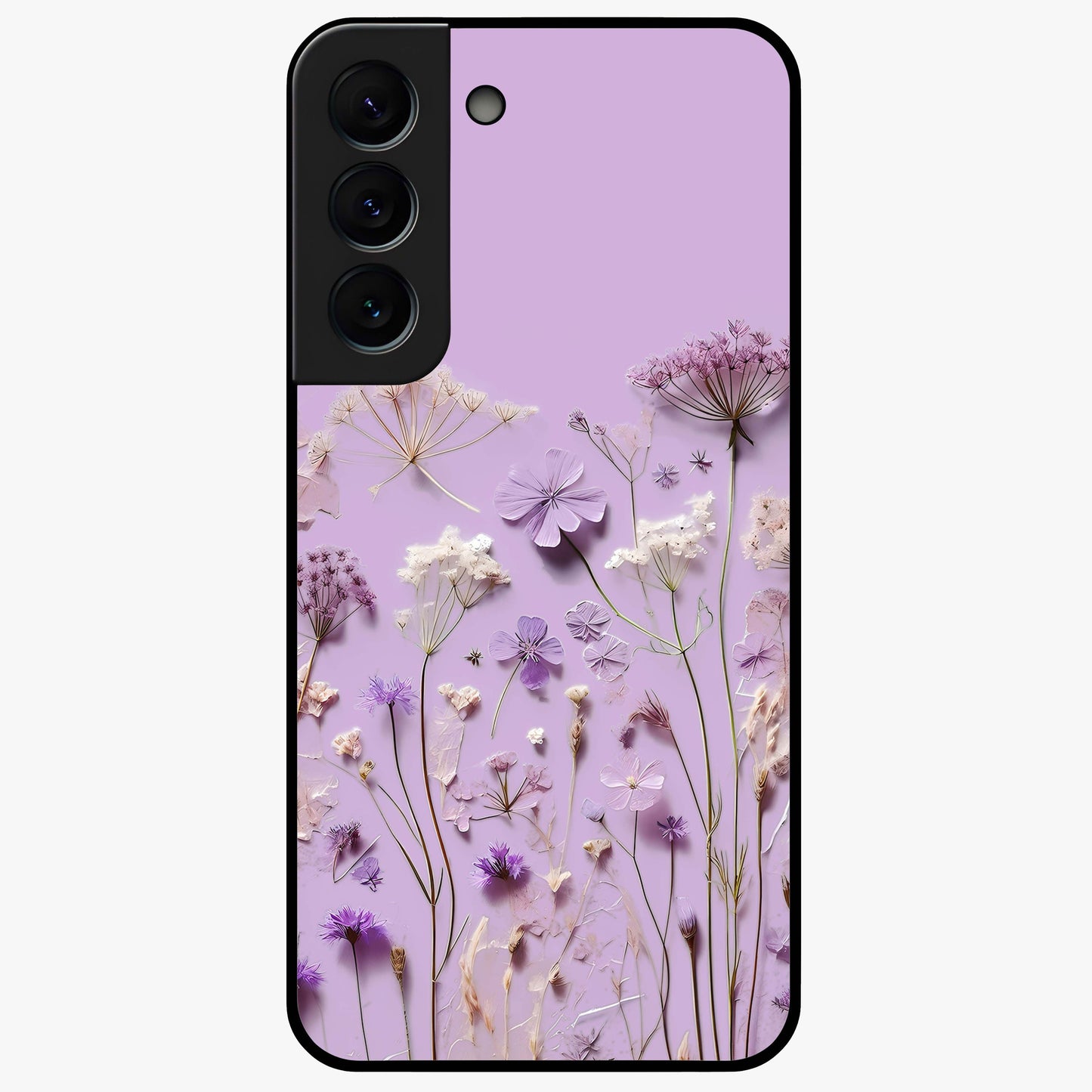 Lavender Blossom Dream Glass Case showing flat back view with soft lavender floral artwork and glossy glass finish.