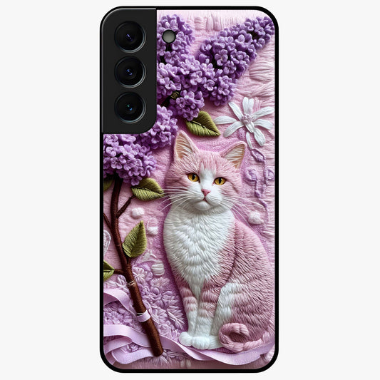 Lavender Cat Whimsy Glass Case showing flat back view with cute lavender cat artwork and glossy glass finish.