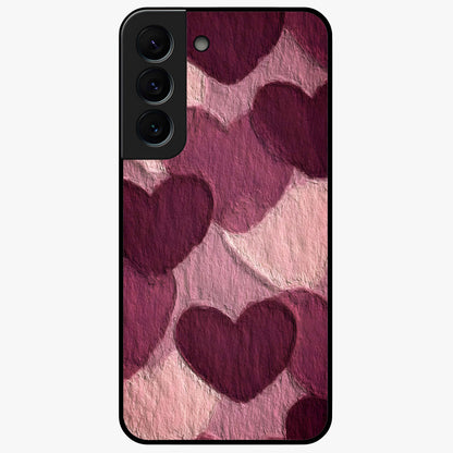 Layered Paper Hearts Glass Case showing flat back view with layered paper heart artwork and glossy glass finish.