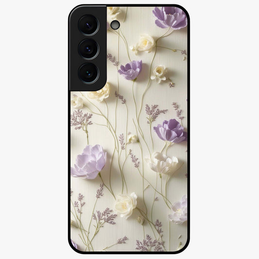 Lilac Breeze Harmony Glass Case showing flat back view with soft lilac themed artwork and glossy glass finish.