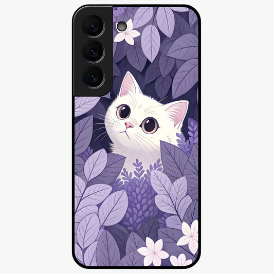 Lilac Hide Peek Cat Glass Case showing flat back view with cute peeking cat artwork and glossy glass finish.