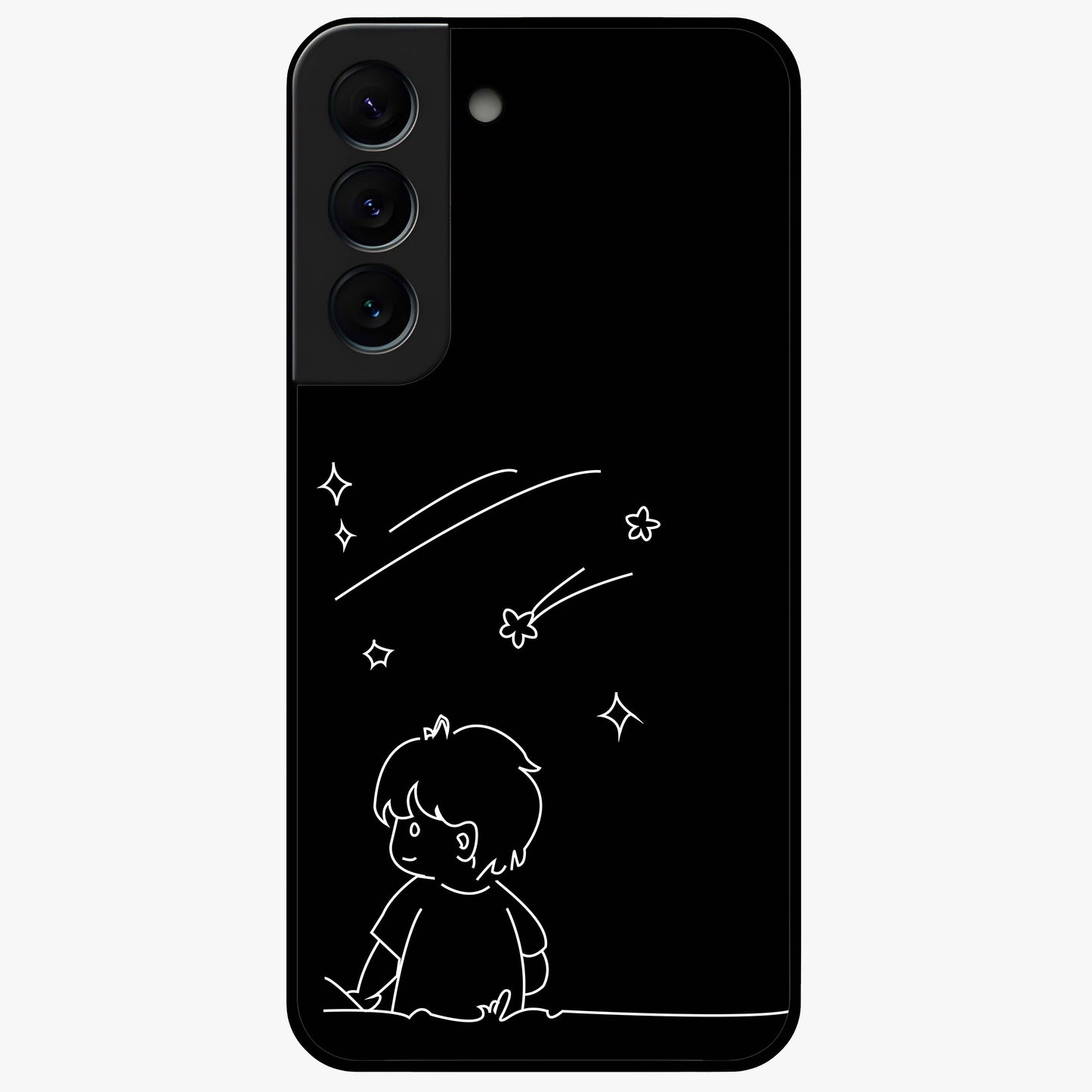 Line Art Boy With Shooting Stars Glass Case showing flat back view with minimal line art boy and shooting stars illustration and glossy glass finish.