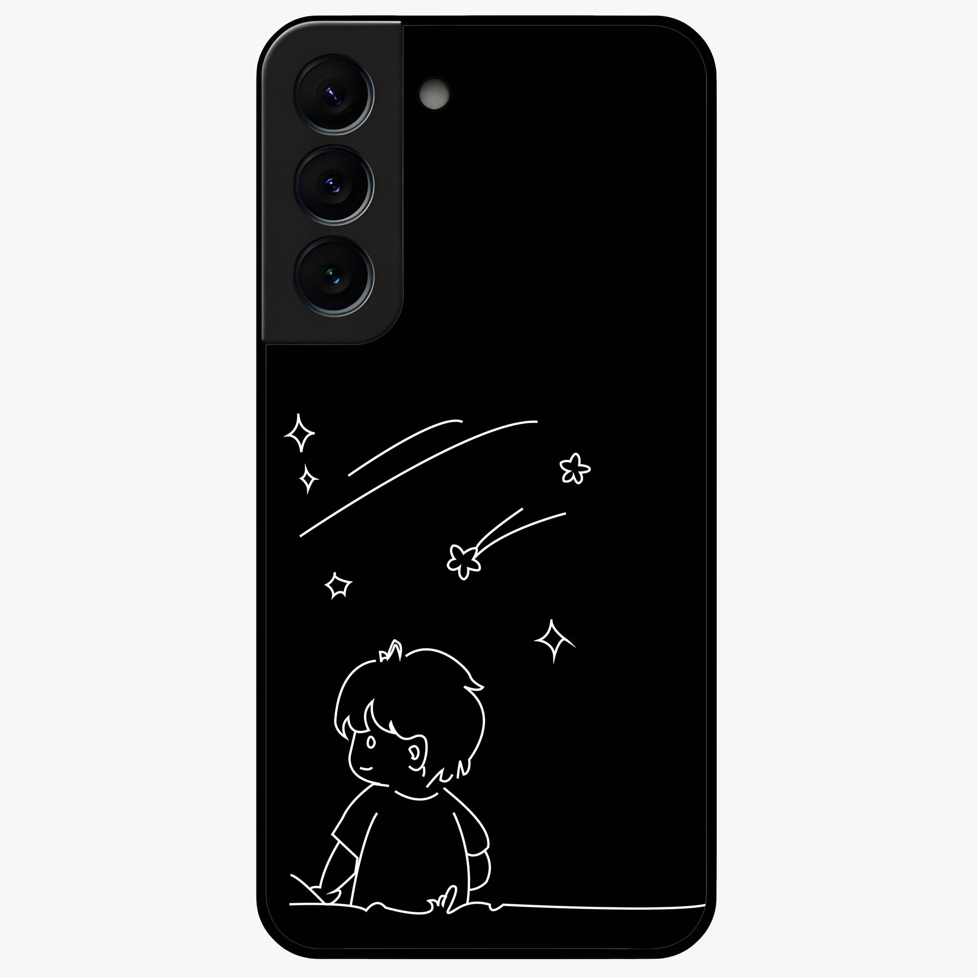 Line Art Boy With Shooting Stars Glass Case showing flat back view with minimal line art boy and shooting stars illustration and glossy glass finish.