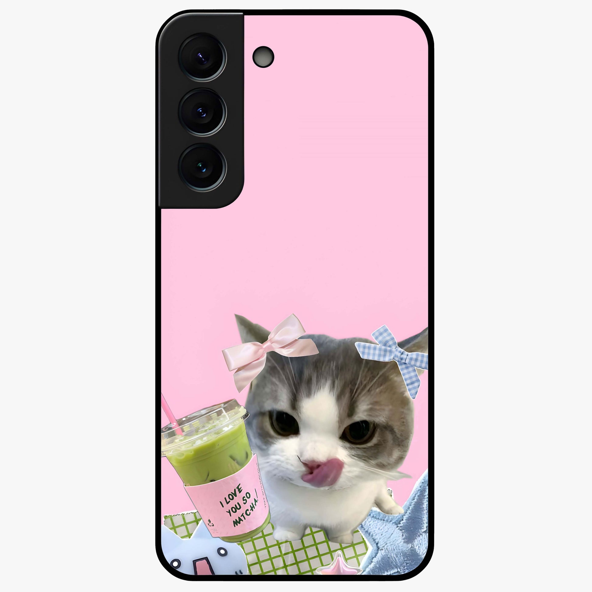 Love Matcha Cat Glass Case showing flat back view with cute cat and matcha themed artwork and glossy glass finish.
