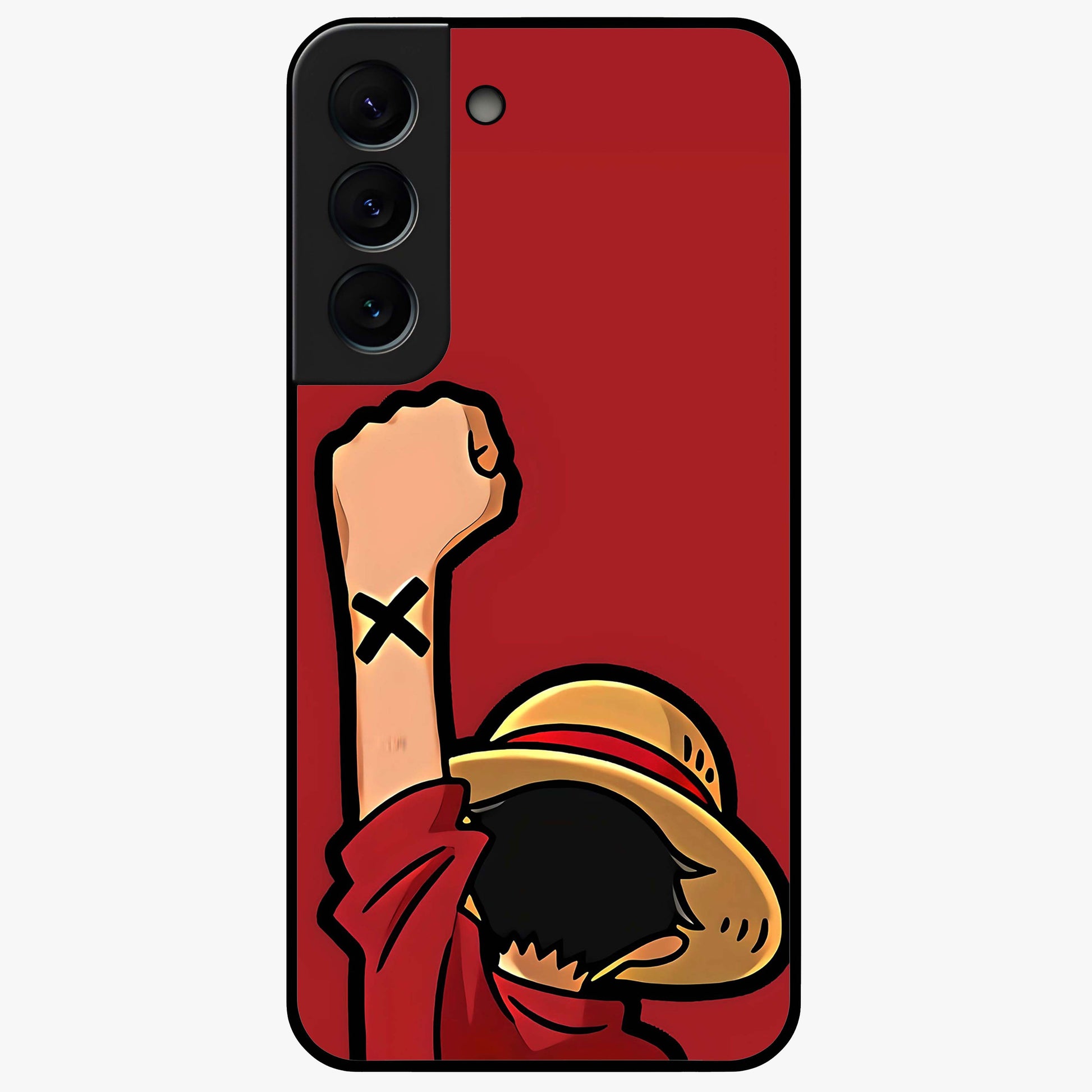 Luffy X Spirit Glass Case showing flat back view with bold anime character artwork and glossy glass finish.
