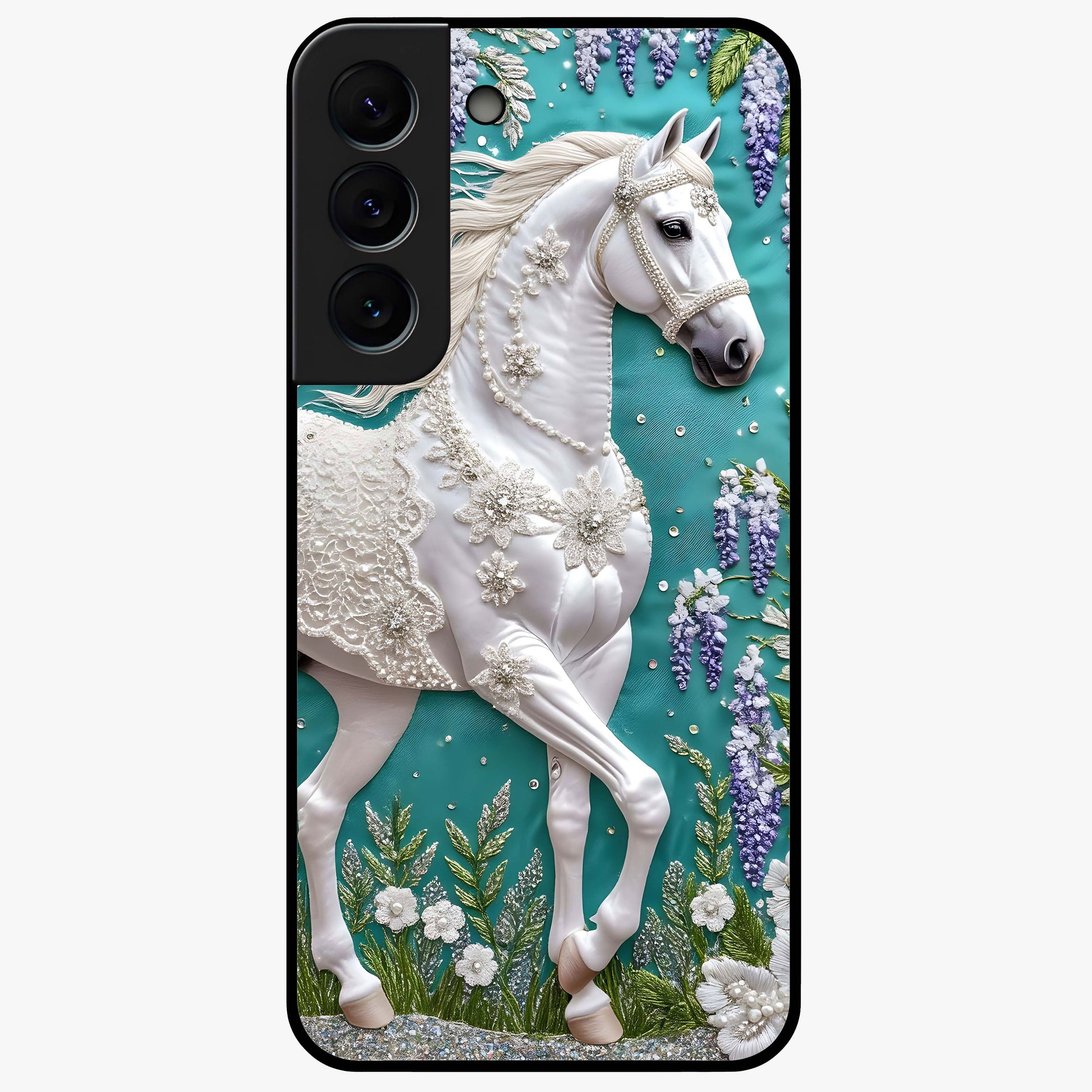Majestic Floral Stallion Glass Case showing flat back view with powerful horse and floral artwork and glossy glass finish.