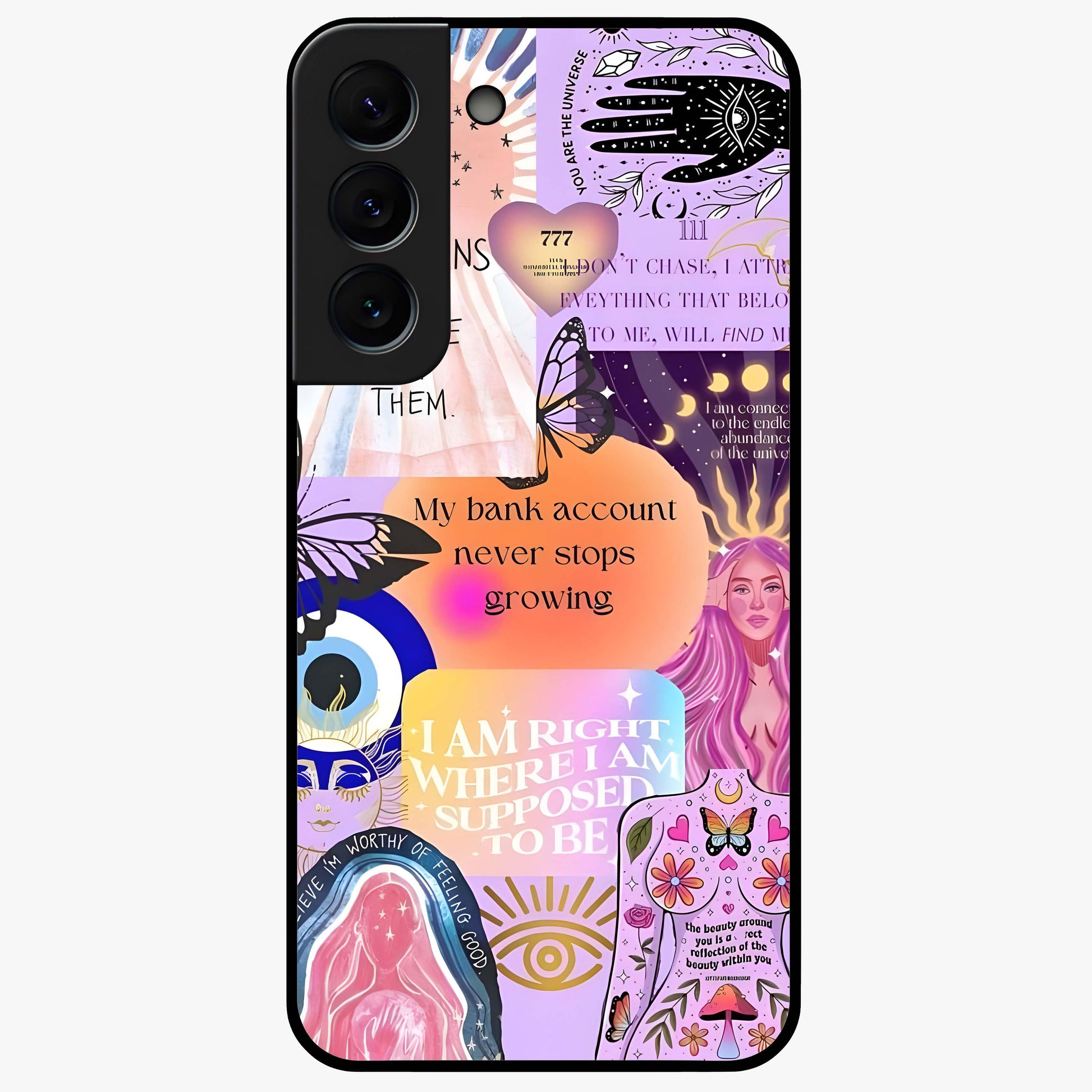 Manifestation Collage Glass Case showing flat back view with motivational collage artwork and glossy glass finish.