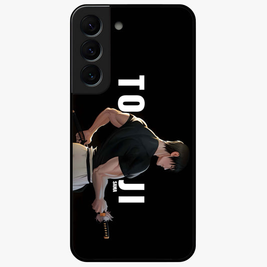 Midnight Blade Resolve Glass Case showing flat back view with dark warrior sword artwork and glossy glass finish.