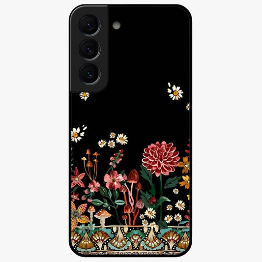 Midnight Bloom Pattern Glass Case showing flat back view with dark floral pattern artwork and glossy glass finish.