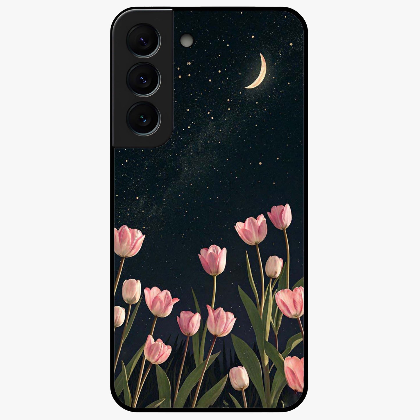 Midnight Tulip Whispers Vibe Glass Case showing flat back view with elegant tulip flower artwork and glossy glass finish.
