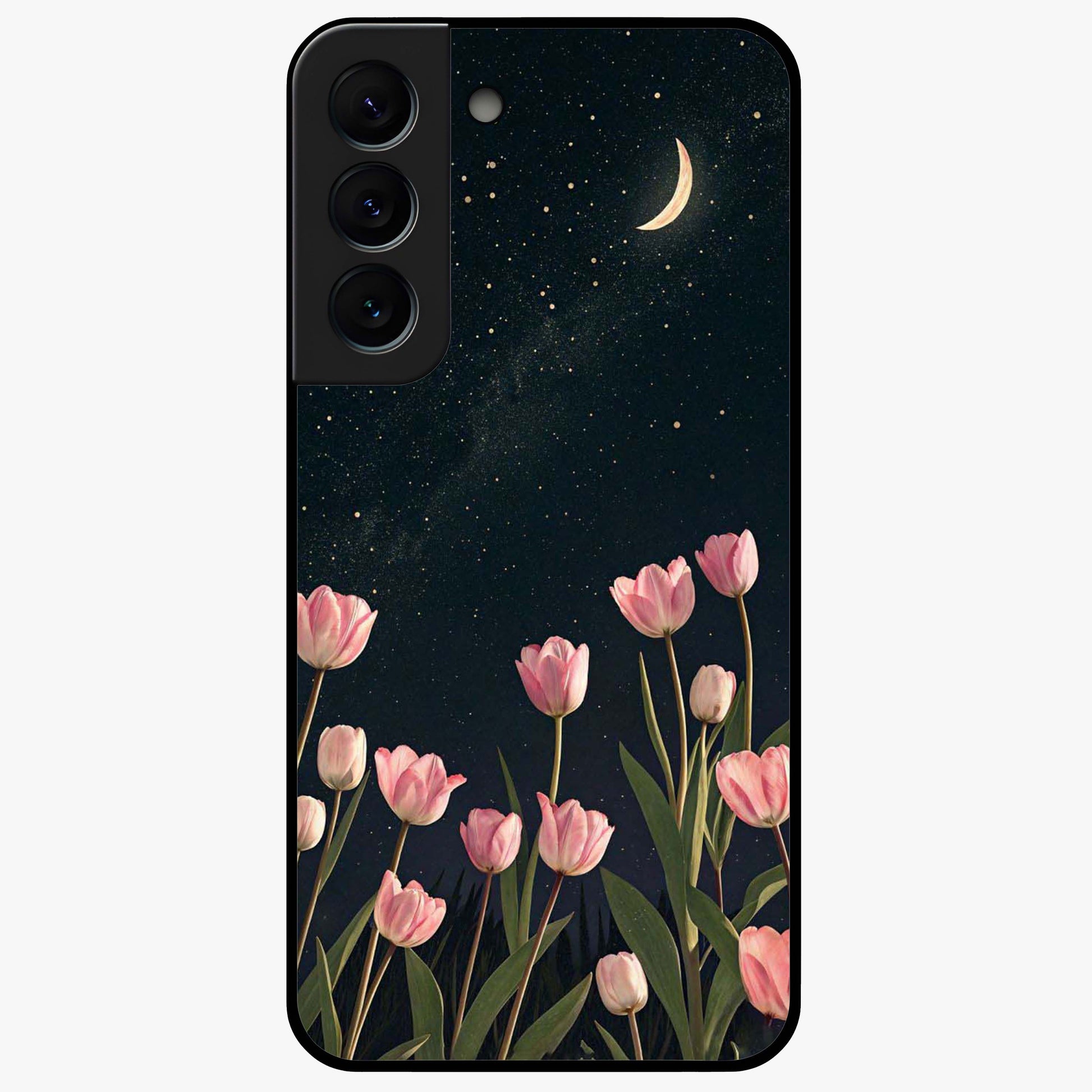 Midnight Tulip Whispers Vibe Glass Case showing flat back view with elegant tulip flower artwork and glossy glass finish.