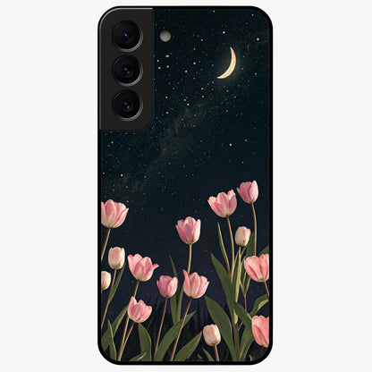 Midnight Tulip Whispers Vibe Glass Case showing flat back view with elegant tulip flower artwork and glossy glass finish.