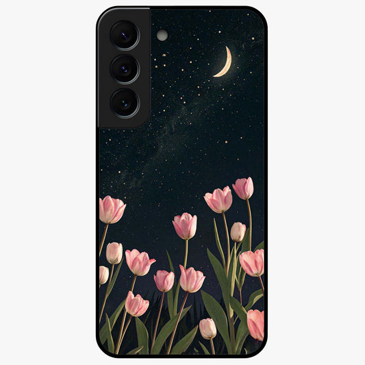 Midnight Tulip Whispers Vibe Glass Case showing flat back view with elegant tulip flower artwork and glossy glass finish.
