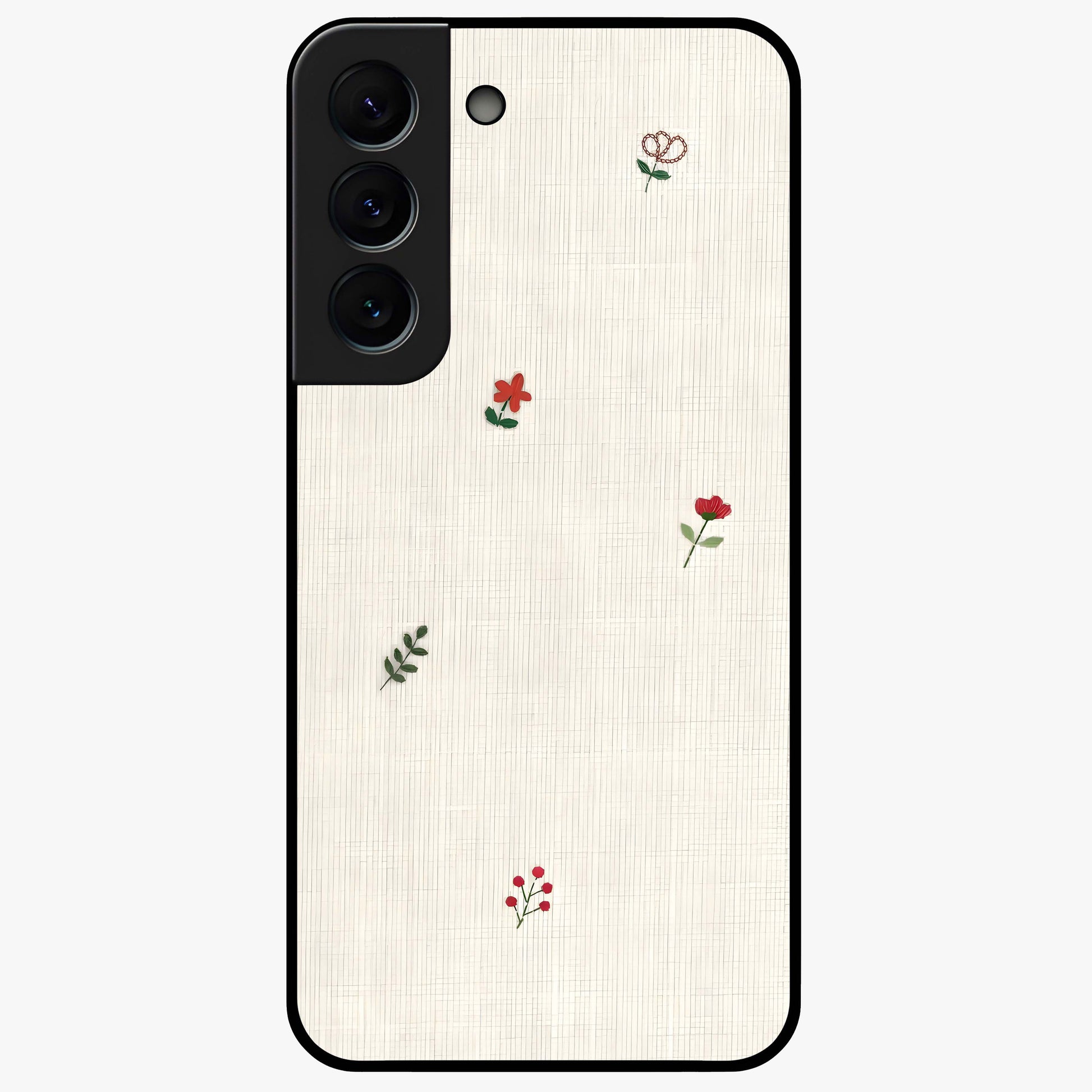 Minimal Petal Whispers Glass Case showing flat back view with soft minimal floral artwork and glossy glass finish.