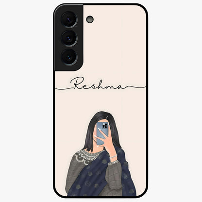 Mirror Mood Muse With Custom Name Glass Case showing flat back view with stylish mirrored artwork and personalized name design.