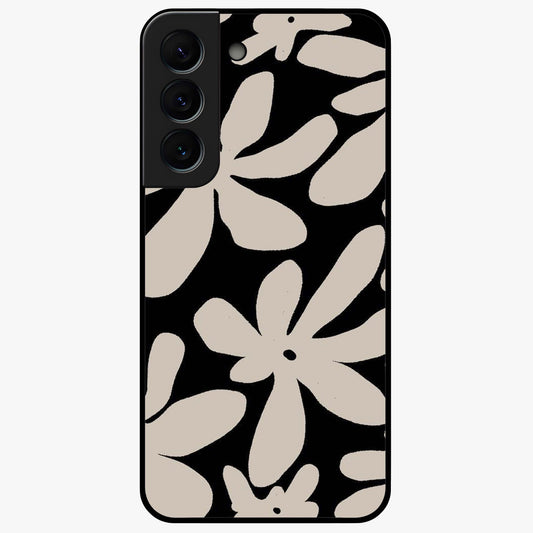 Monochrome Petal Dance Glass Case showing flat back view with monochrome floral artwork and glossy glass finish.